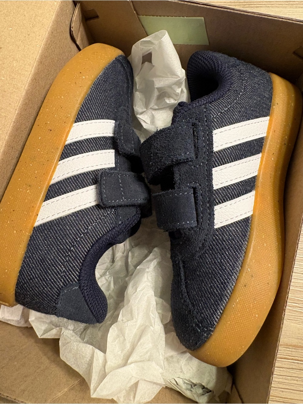 adidas Kids Navy Sneakers with White Stripes and Gum Sole